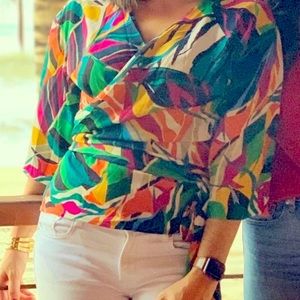 V Neck Printed Wrap Blouse with Peasant Sleeves